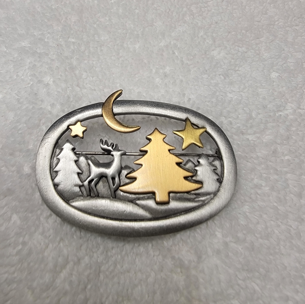 Vintage JJ Jonette Pewter Silver and Gold Winter Scene Brooch